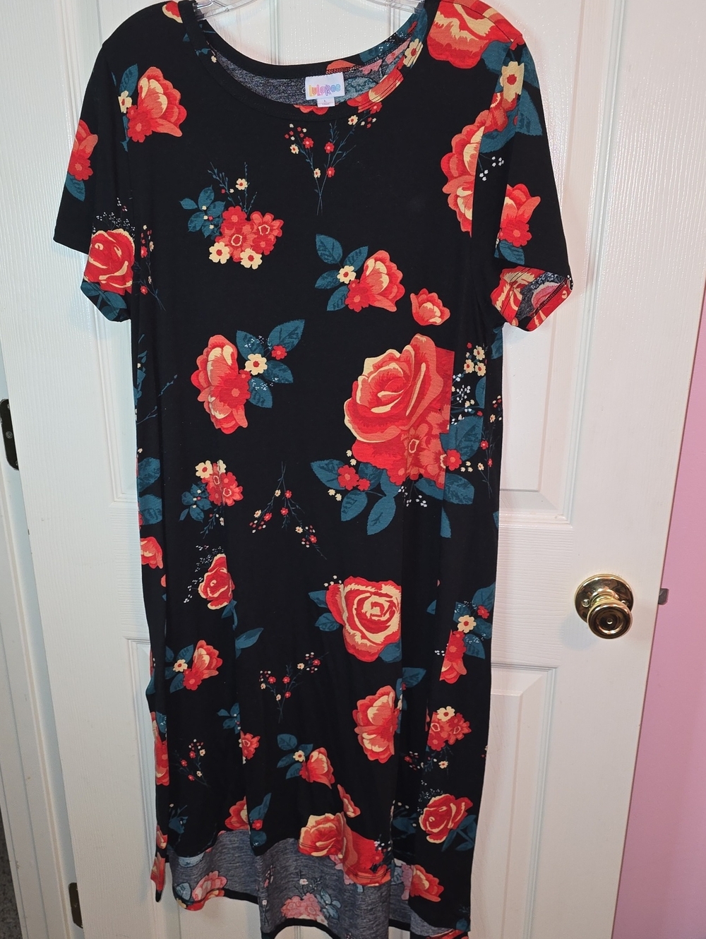 LuLaRoe Black Maxi Dress with Red Floral Print